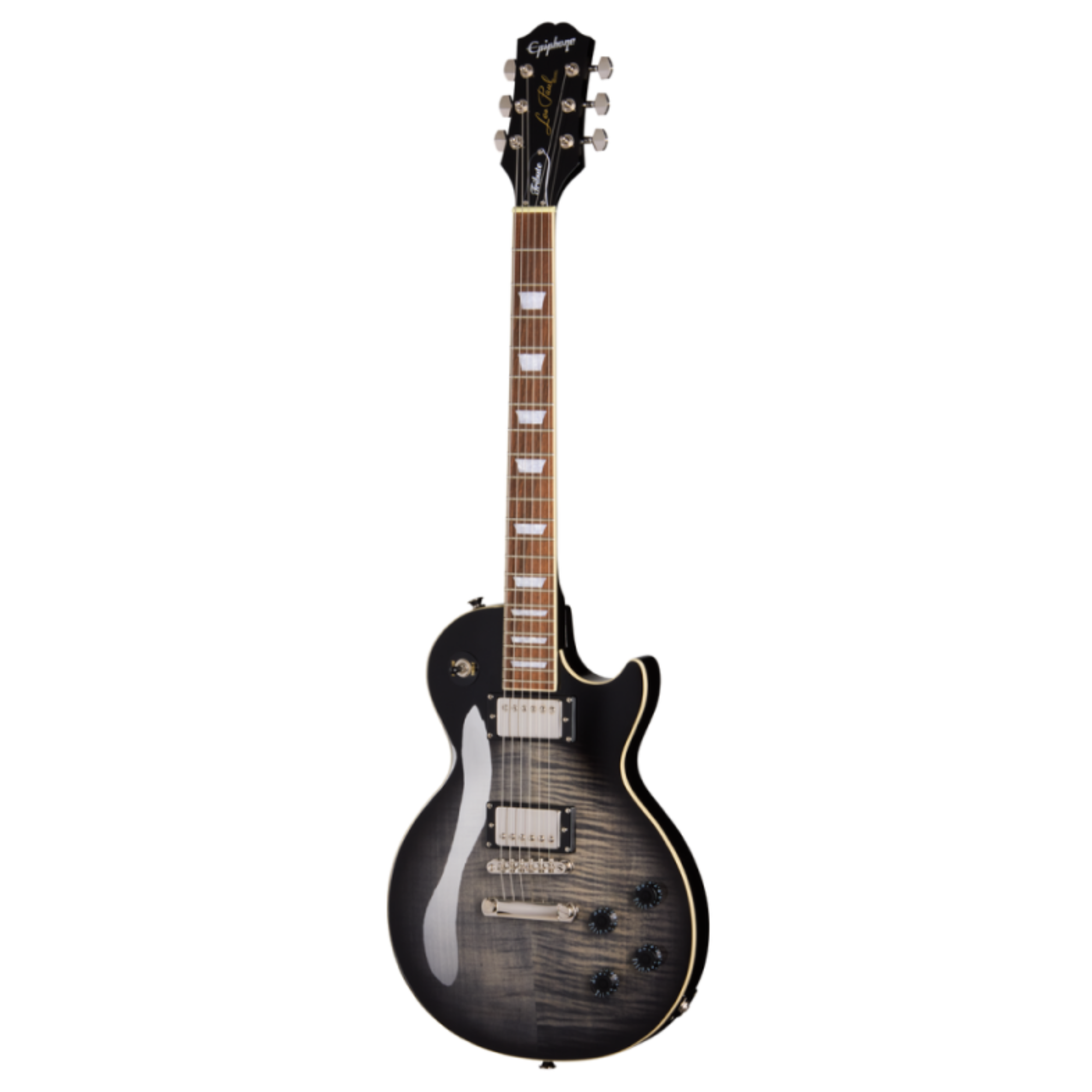 Epiphone Les Paul Tribute Plus electric guitar in ebony burst finish, showcasing its solid body and dual humbucker pickups.
