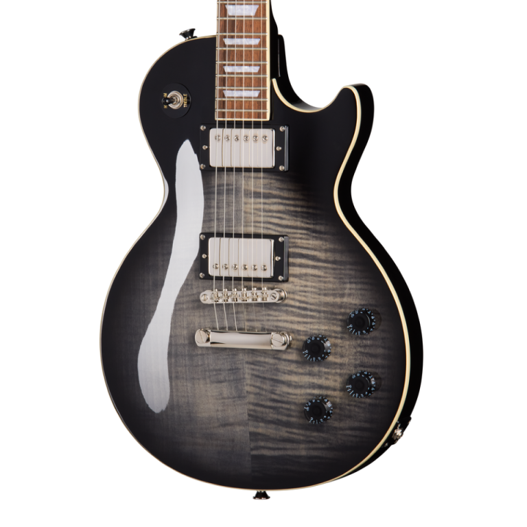 Epiphone Les Paul Tribute Plus electric guitar in ebony burst finish with gold hardware and humbucker pickups.