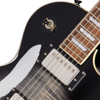 Epiphone Les Paul Tribute Plus electric guitar in Ebony Burst finish with gold hardware and humbucker pickups.