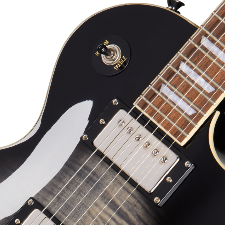 Epiphone Les Paul Tribute Plus electric guitar in Ebony Burst finish with gold hardware and humbucker pickups.