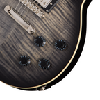 Epiphone Les Paul Tribute Plus electric guitar in ebony burst finish showing the body and neck with chrome hardware.