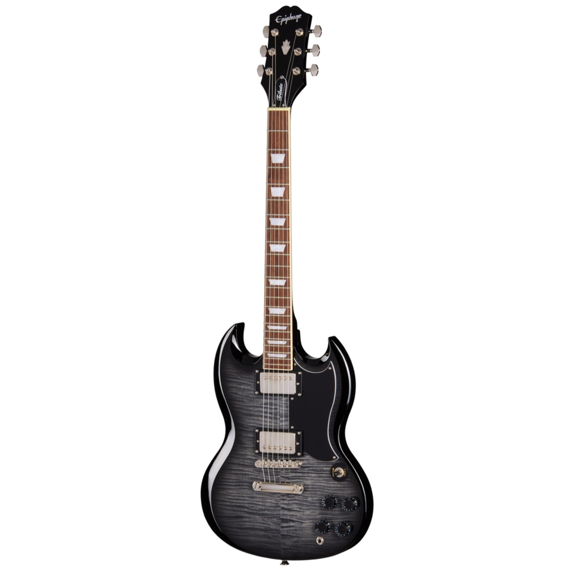 Epiphone SG Tribute Plus electric guitar in ebony burst finish with chrome hardware and dual humbucker pickups.