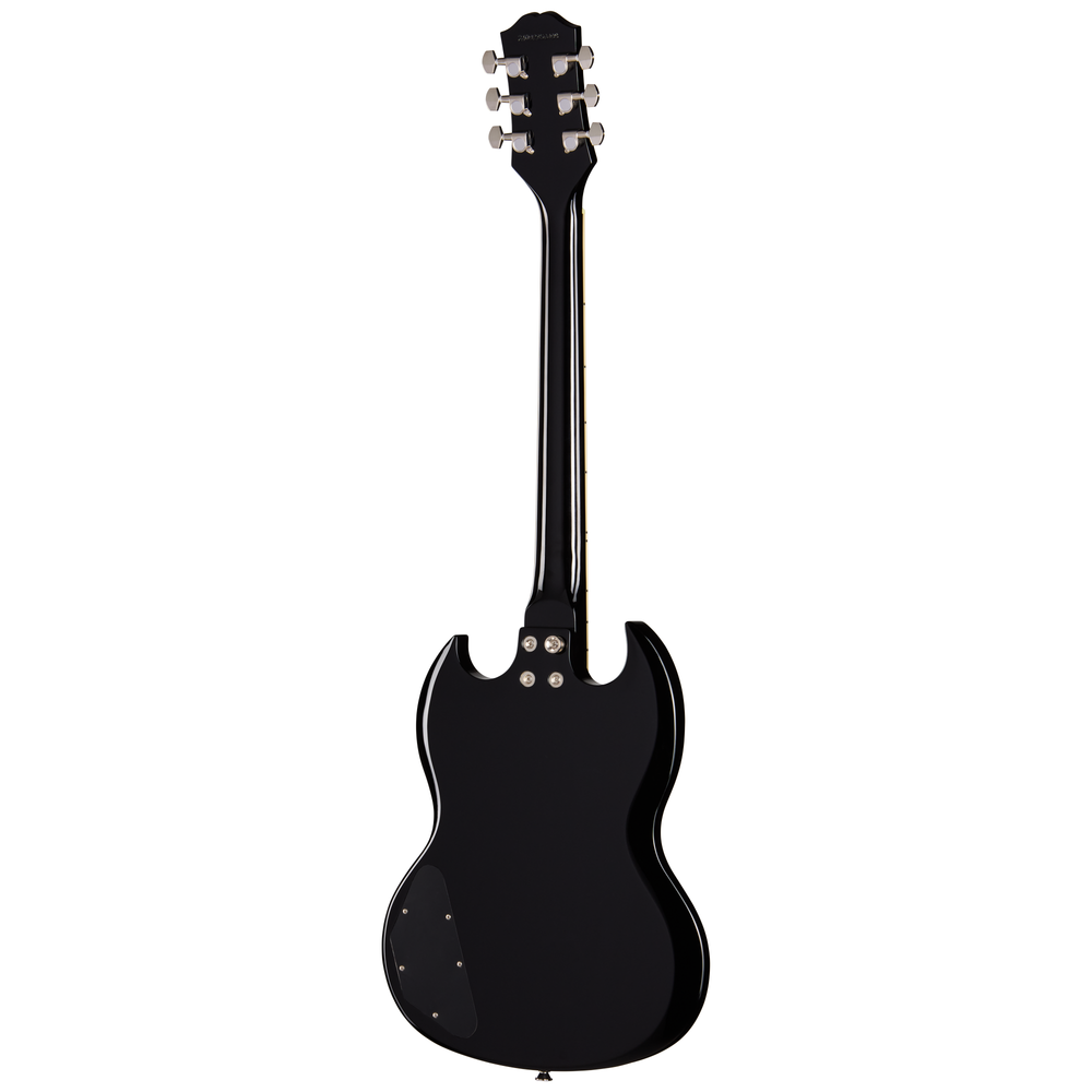 Epiphone SG Tribute Plus electric guitar in ebony burst finish showing the body and neck with chrome hardware and pickups.