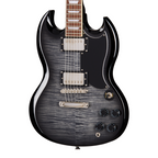 Epiphone SG Tribute Plus electric guitar in ebony burst finish with dual humbucker pickups and chrome hardware.