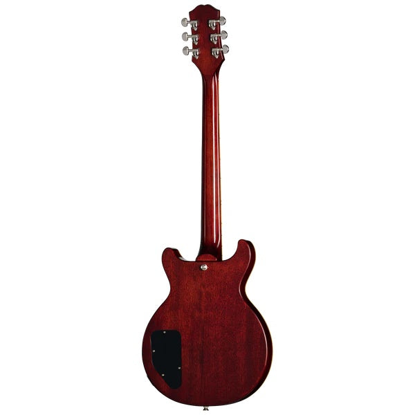 Epiphone Les Paul Special Double Cut electric guitar with figured bourbon finish, showcasing its solid body and dual humbucker pickups.