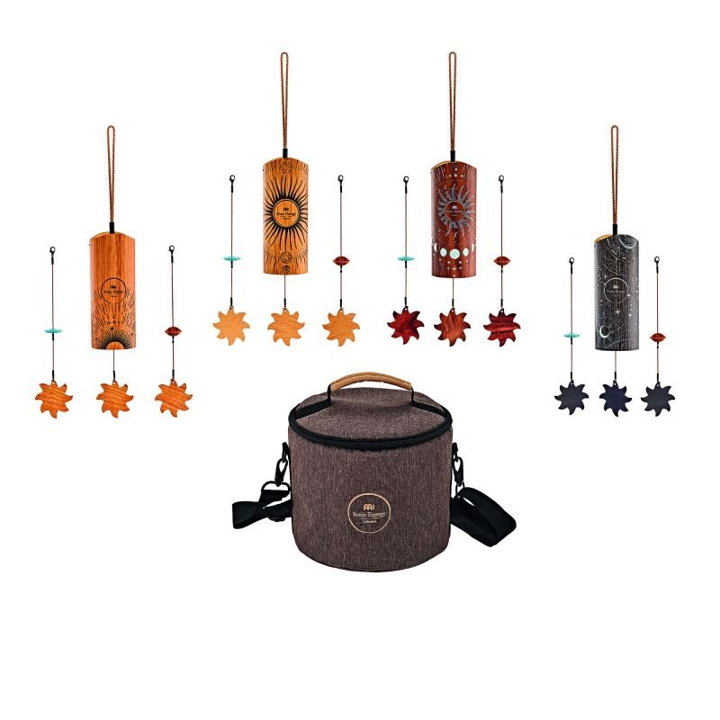 Meinl Cosmic Bamboo Chime 4-piece set with carry bag, hand percussion instrument featuring natural bamboo tubes and wooden frame.