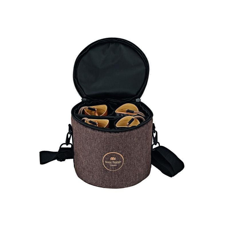 Meinl CBCSET Cosmic Bamboo Chime 4-piece set with carry bag, hand percussion instrument with natural bamboo tubes and wooden frame.