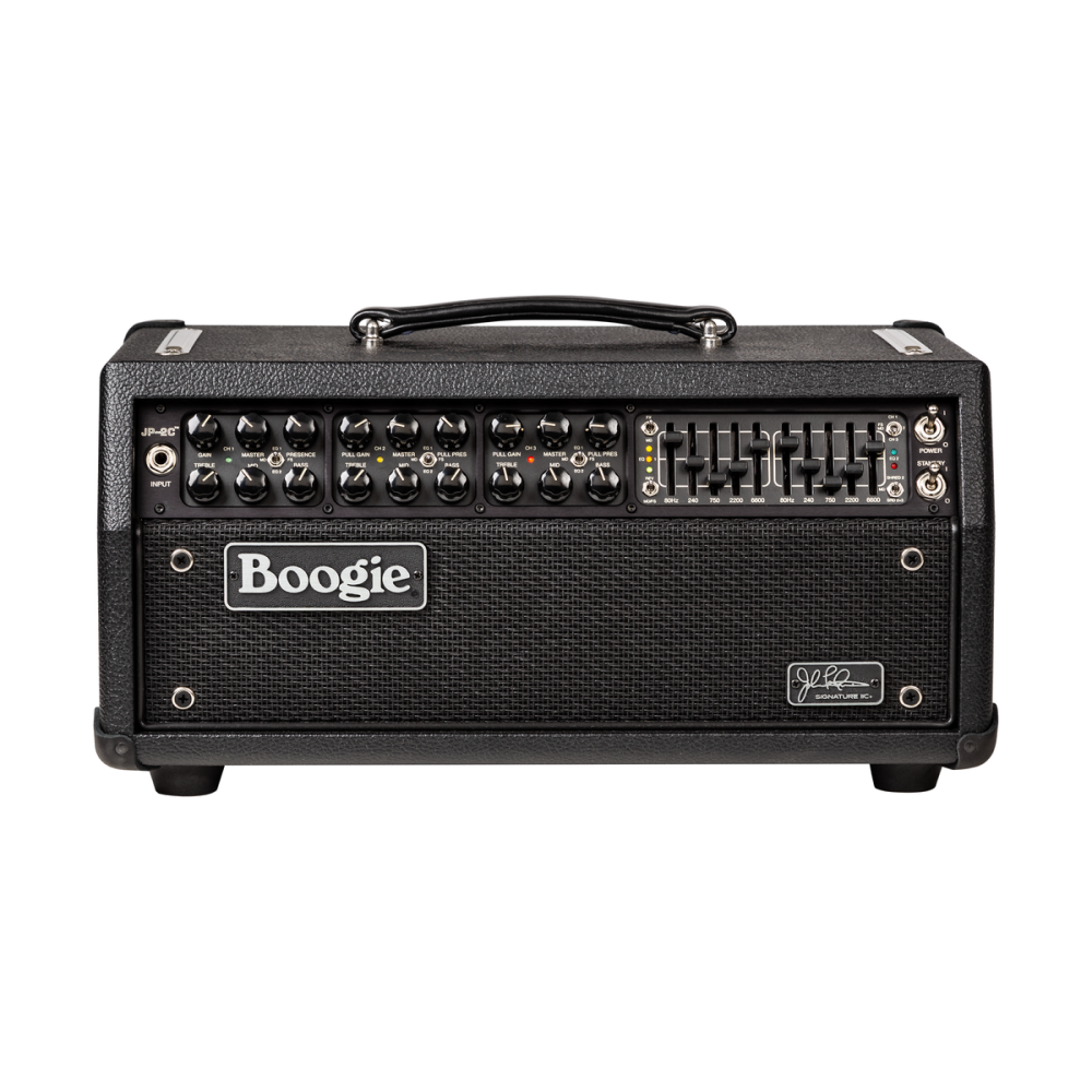 Mesa Boogie John JP2 100/60 watt guitar amplifier head with control knobs and branding visible.