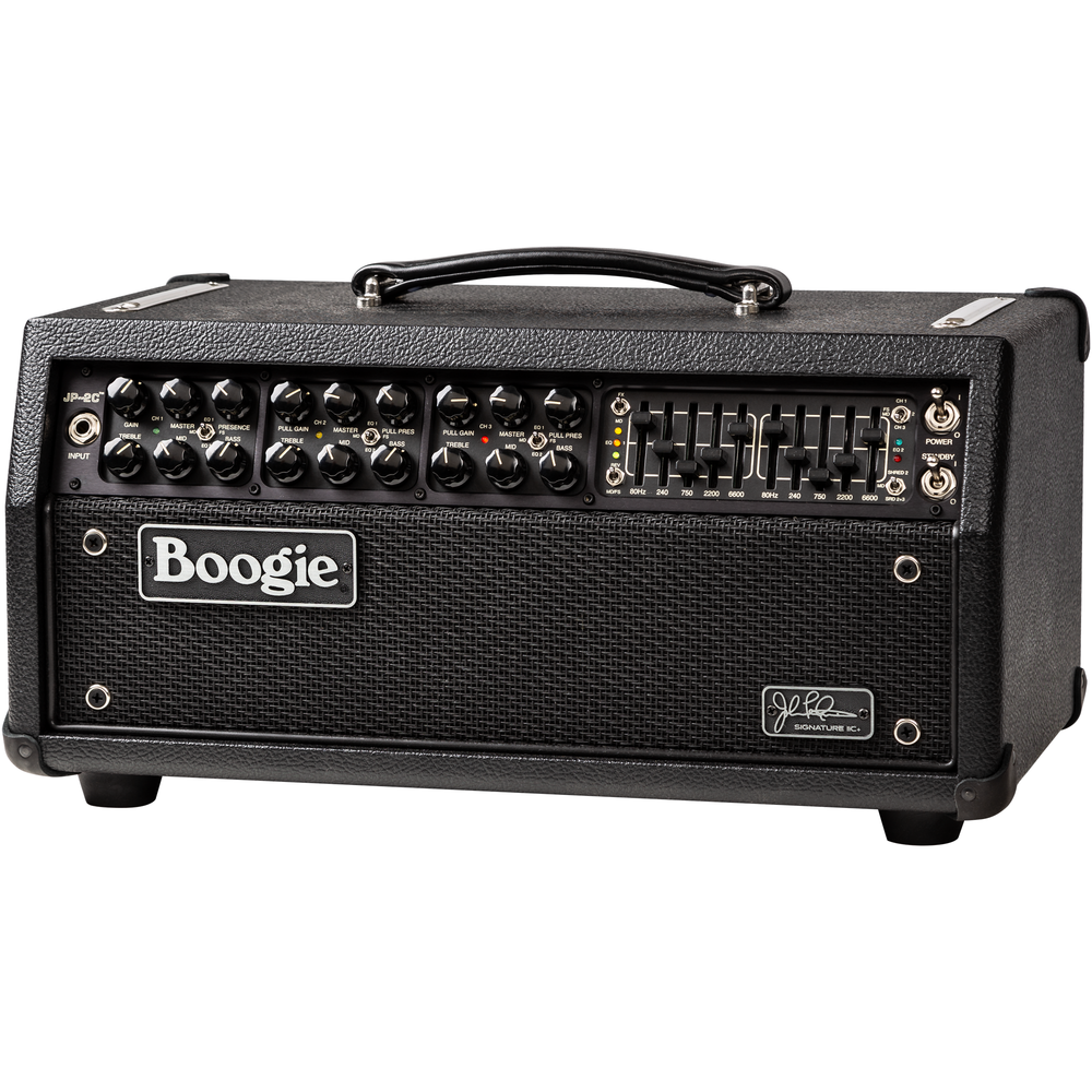 Mesa Boogie John JP2 100/60 watt guitar amplifier head with control knobs and logo display on black metal chassis.