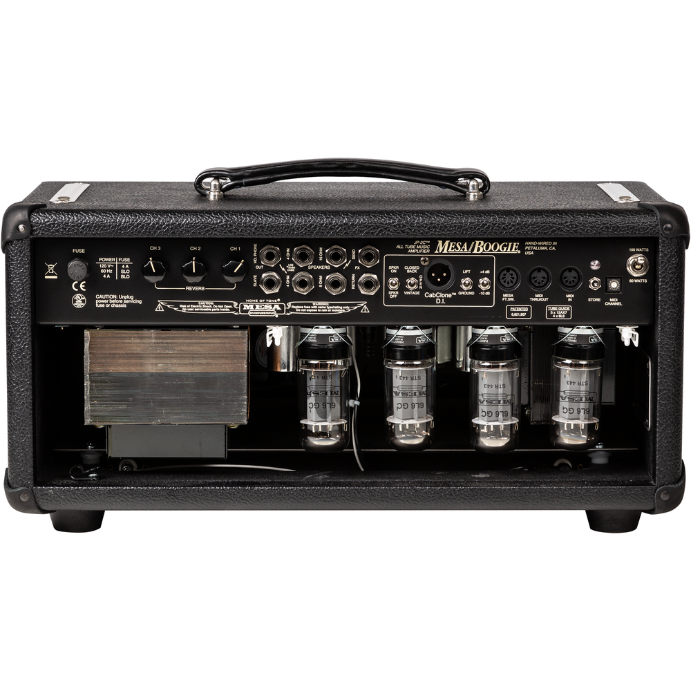 Mesa Boogie John JP2 100/60 watt guitar amplifier head with control knobs and logo, used for electric guitar sound amplification.