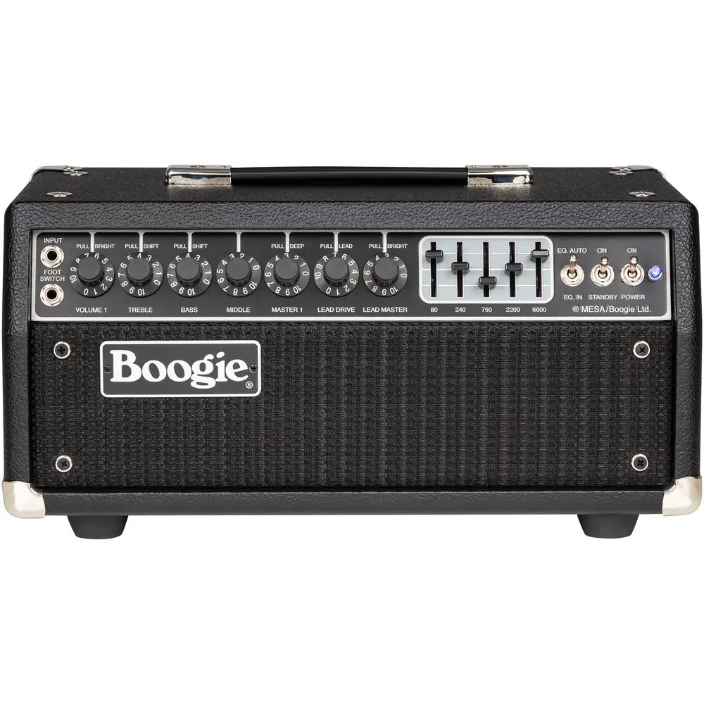 Mesa Boogie Mark IIC+ guitar amplifier head with control knobs and input jacks, showcasing its sleek design and branding.