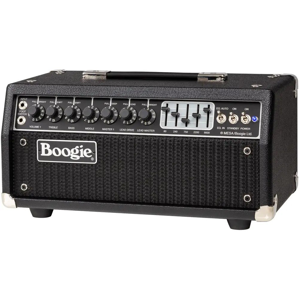 Mesa Boogie Mark IIC+ guitar amplifier head with control knobs and brand logo, high-quality tube amp for electric guitars.