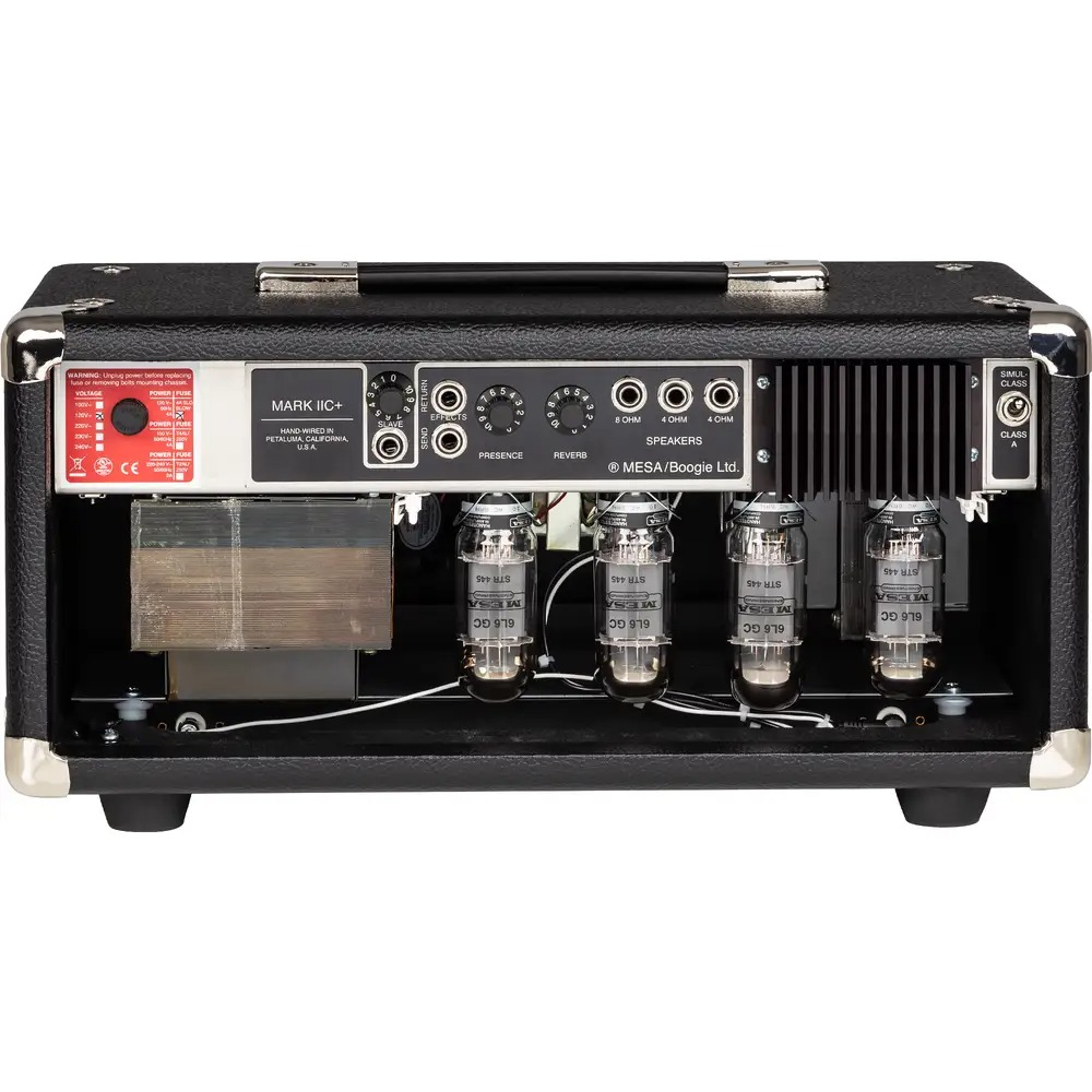 Mesa Boogie Mark IIC+ guitar amplifier head with control knobs and logo, showcasing a high-quality Mesa Boogie guitar amp.