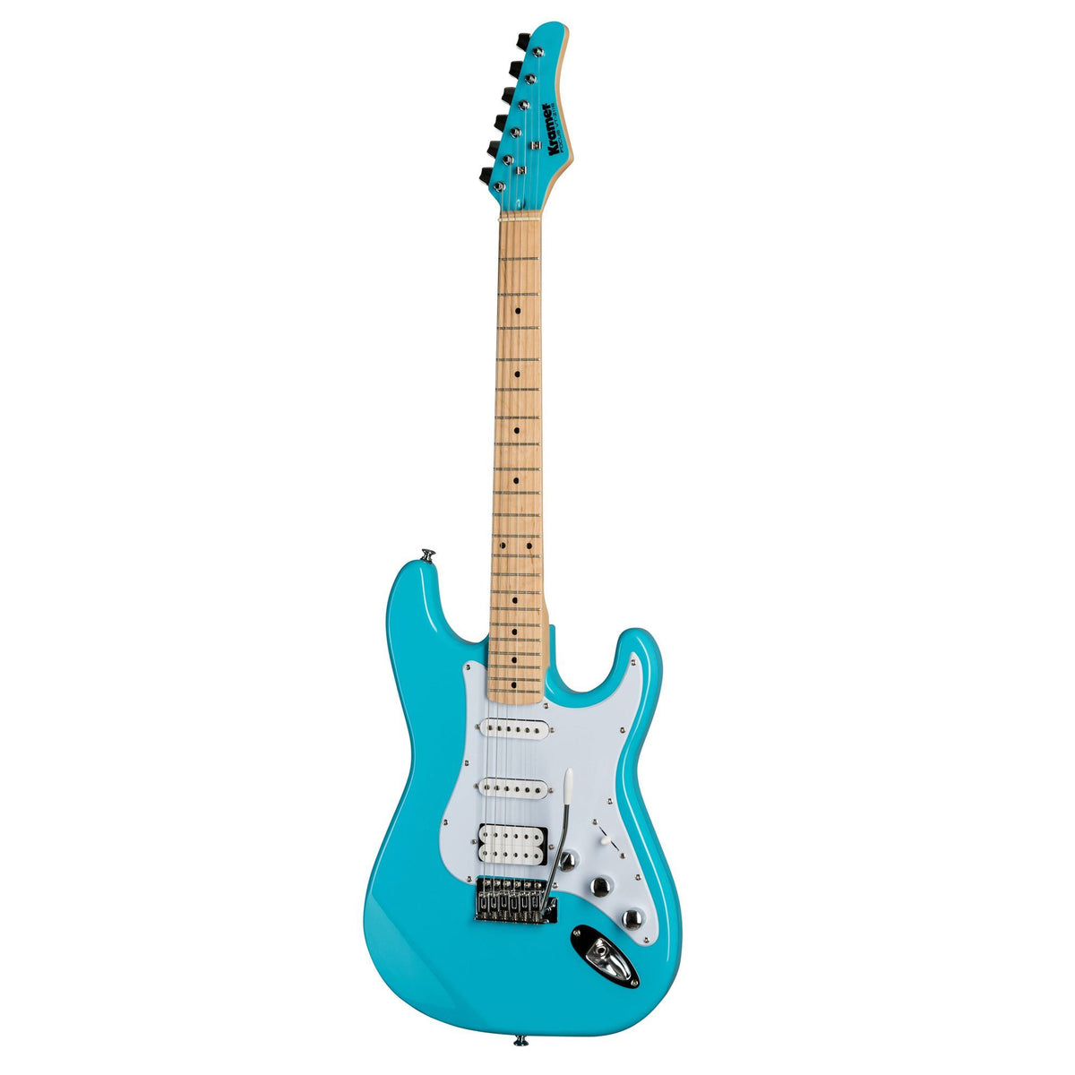 Kramer Focus VT211S electric guitar in vibrant teal finish, showcasing its sleek body and hardware details.
