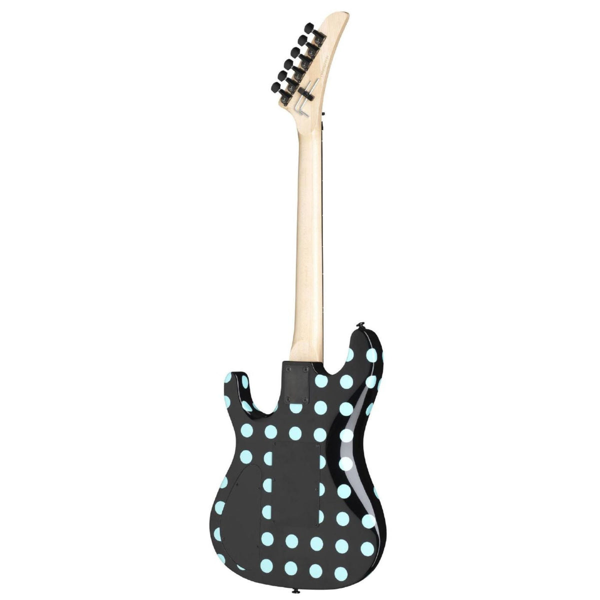 Kramer Nightswan electric guitar in black with blue polka dot design, showcasing its sleek body and custom hardware details.