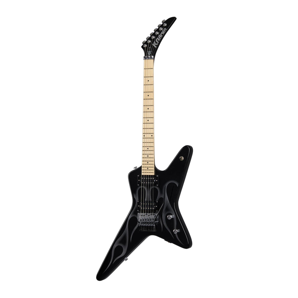Kramer Tracii Guns Gunstar Voyager electric guitar in black with ghost flame finish, featuring sleek body and dual humbucker pickups.