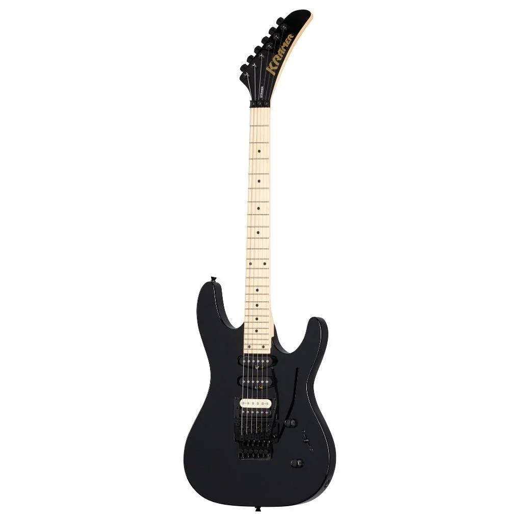 Kramer Striker electric guitar with Floyd Rose in ebony finish, featuring a sleek body and standard tuning pegs.