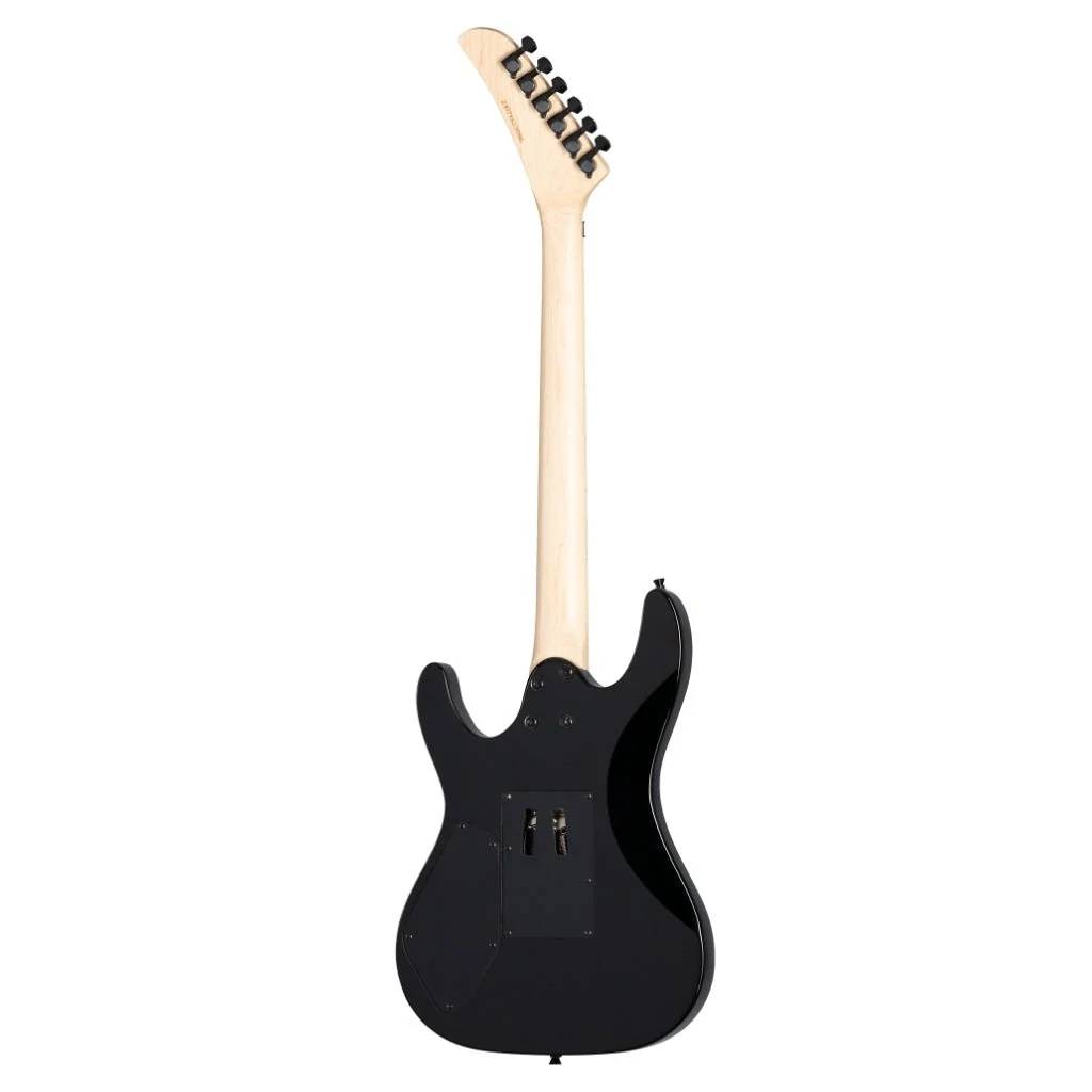 Kramer Striker electric guitar with Floyd Rose tremolo, ebony finish, and chrome hardware, showcasing the body and neck details.