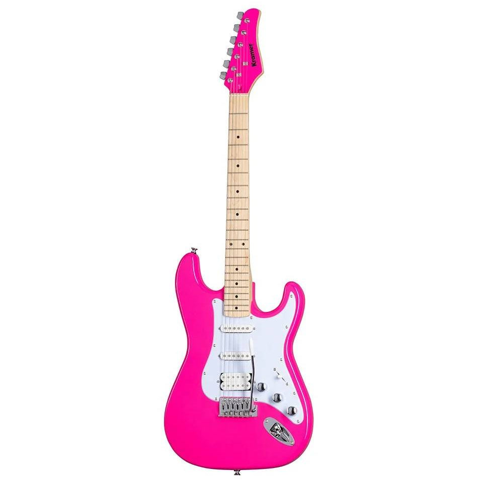 Kramer Focus VT211S electric guitar in hot pink with a sleek body and six strings, perfect for rock music enthusiasts.