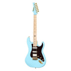 Kramer Malina Moye Pacer Deluxe electric guitar in Splash Blue with sleek body and dual humbucker pickups, positioned on a stand.