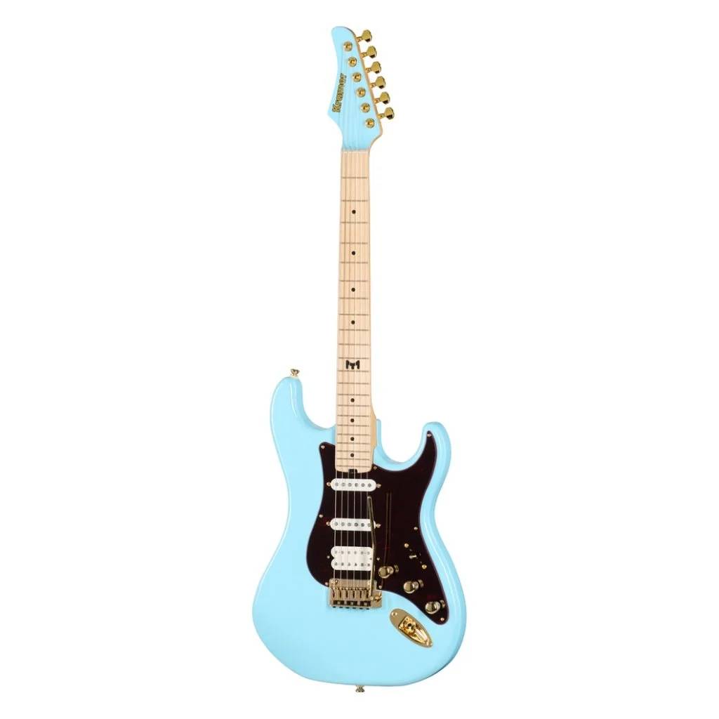 Kramer Malina Moye Pacer Deluxe electric guitar in Splash Blue with sleek body and dual humbucker pickups, positioned on a stand.