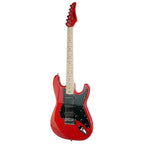 Kramer Focus VT211S electric guitar in red with black pickguard, showcasing its sleek body and hardware details.