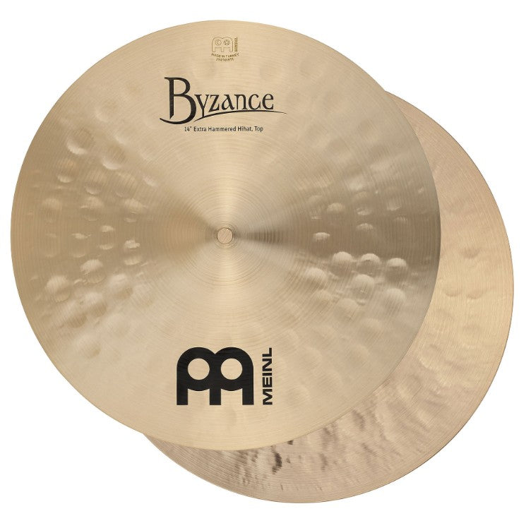 Pair of Meinl Byzance Traditional 14-inch Extra Hammered Hi Hat Cymbals, single cymbals with intricate hammering details