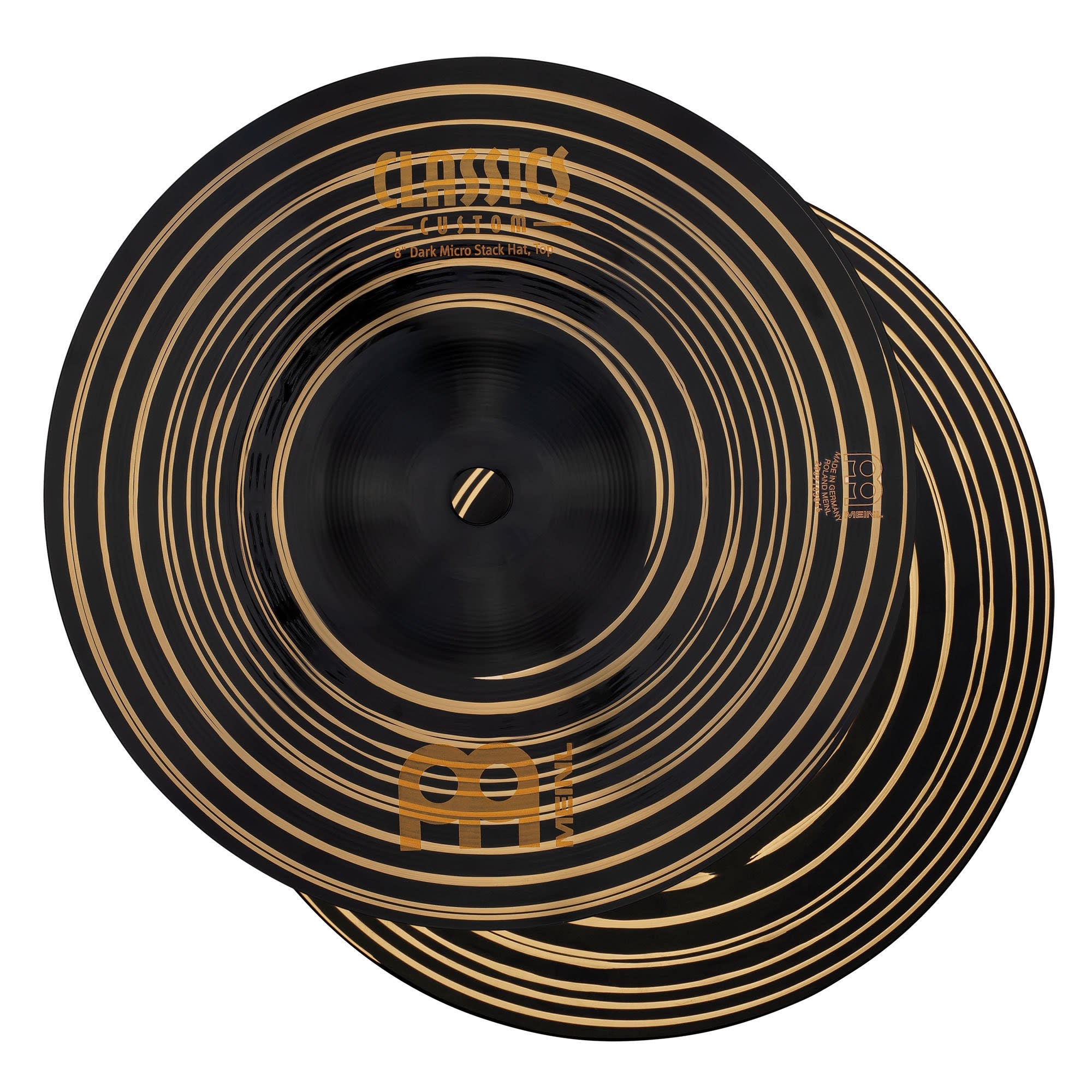 Meinl Classics Custom Dark 8-inch Hi Hats cymbals, single cymbals, with a dark finish and intricate detailing in the image.