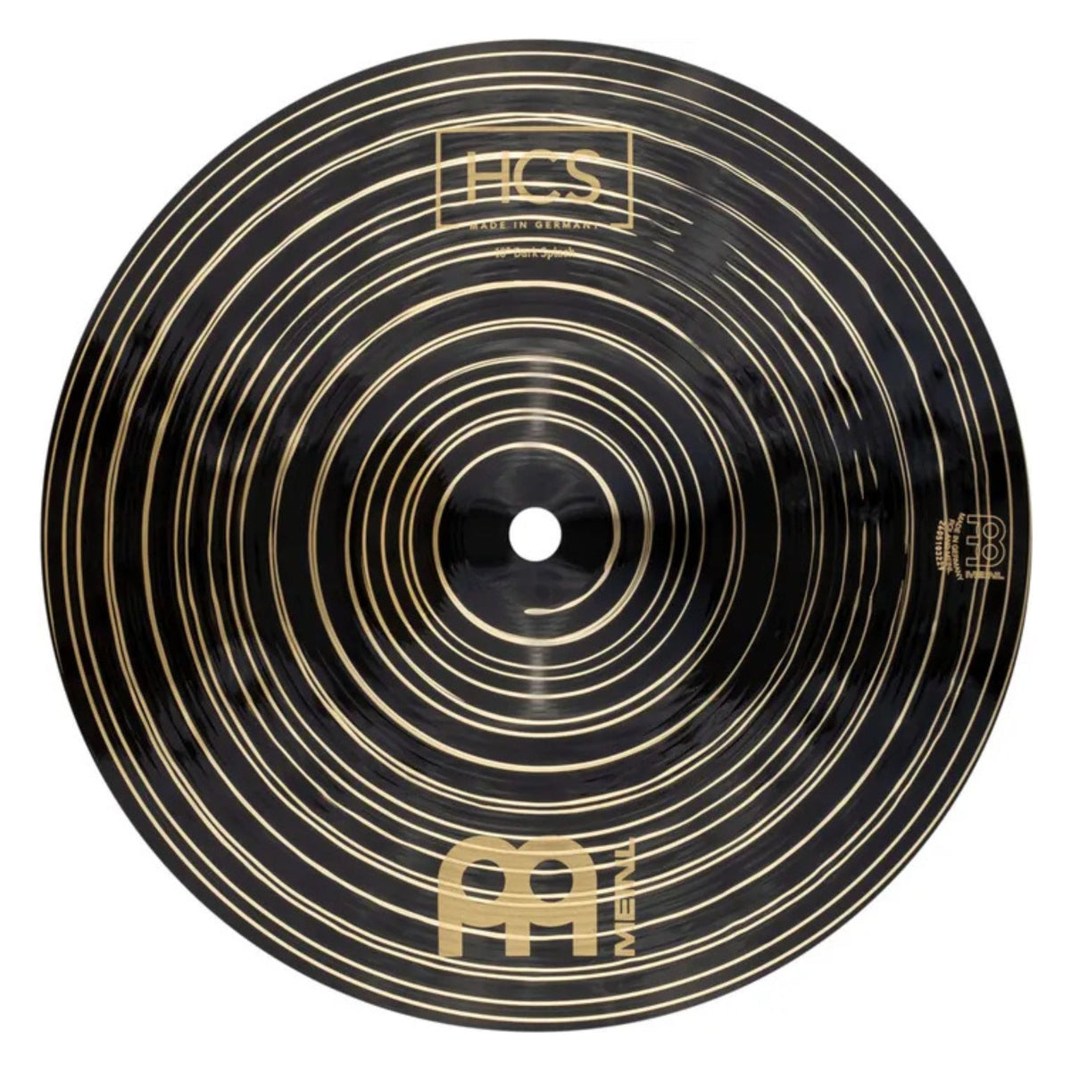 Meinl HCS Dark 10-inch splash cymbal mounted on a stand, showing its dark finish and size for drum set use.