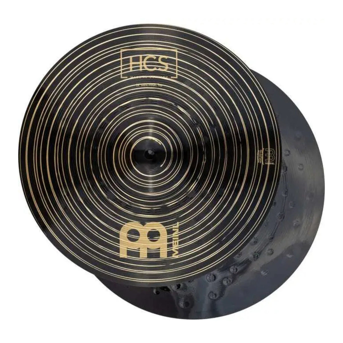 Meinl HCS Dark 14-inch hi-hats cymbals set, showing the textured dark finish and detailed cymbal surface.