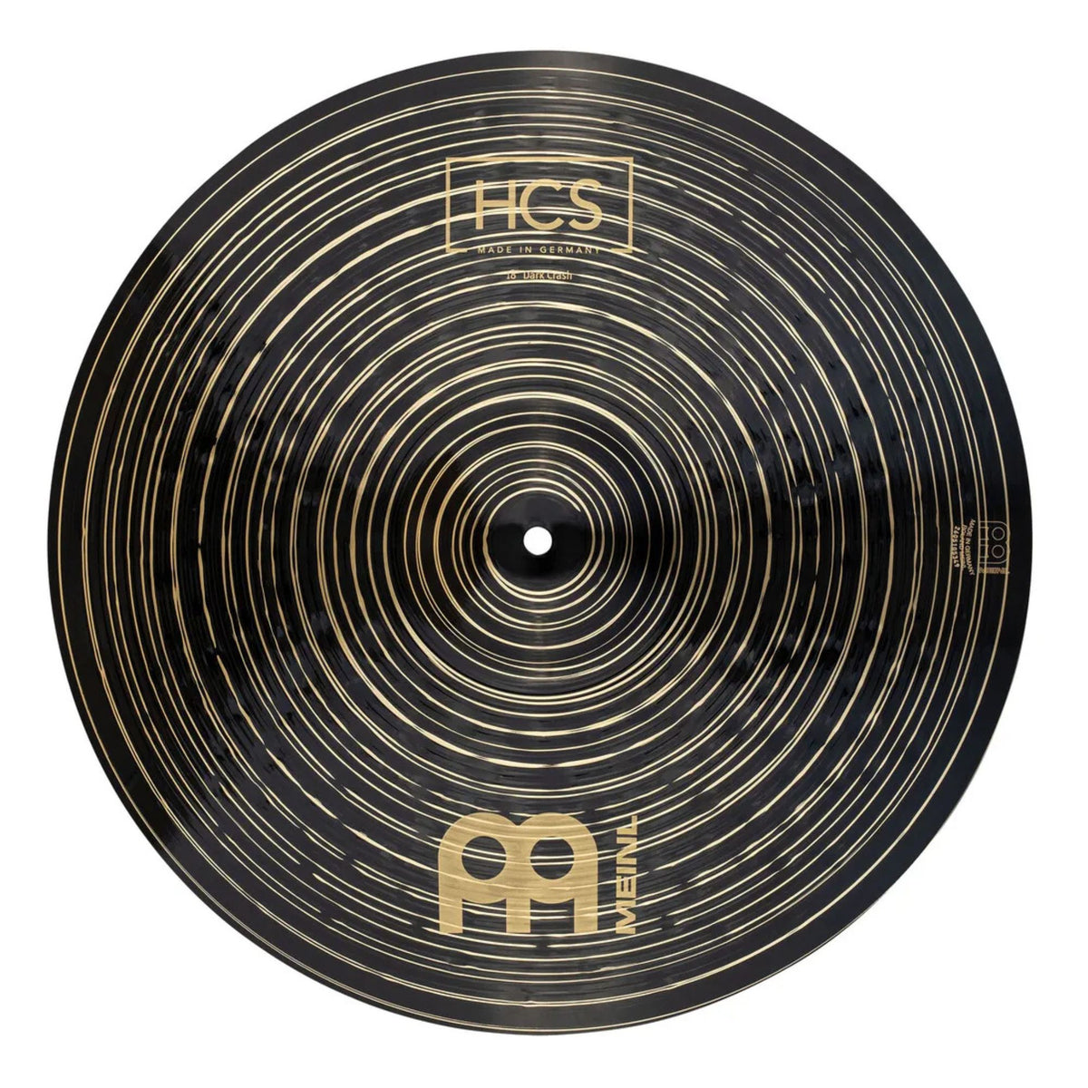 Meinl HCS Dark 18-inch crash cymbal with a dark finish, showing surface details and brand logo on the cymbal.