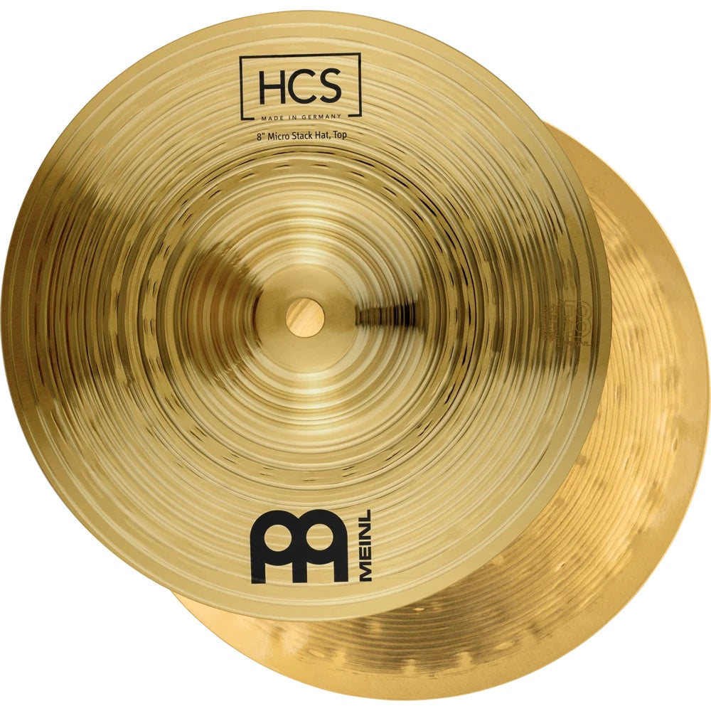 Meinl HCS-8H HCS Micro Stack 8-inch hi-hat cymbals, single cymbals set for drum kits, showing shiny metal surface and brand logo