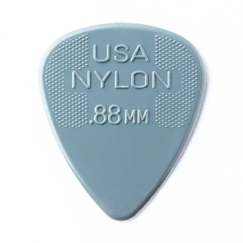 Jim Dunlop Nylon Grey .88mm guitar pick, Dunlop brand, showing smooth surface and pointed tip for precise playing.