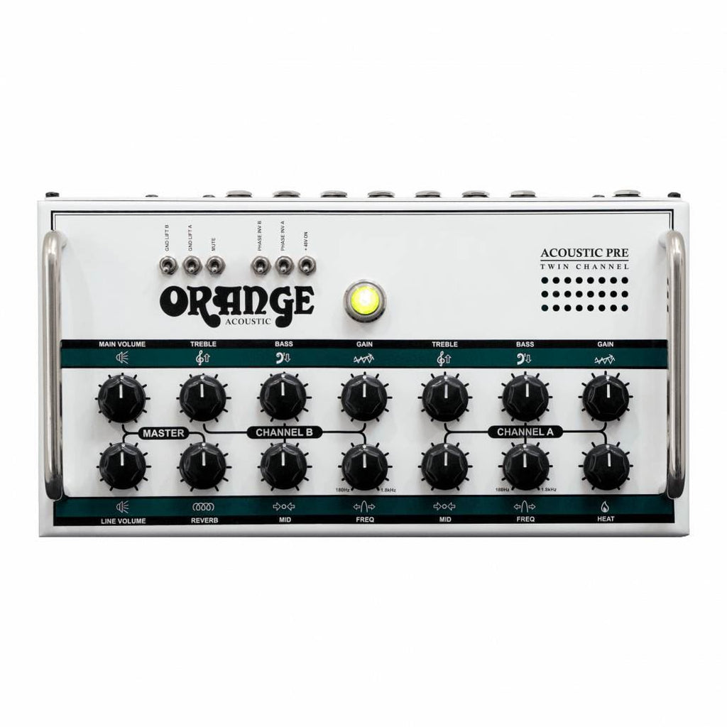 Orange Acoustic Preamp effects pedal, compact orange guitar effects pedal with controls for sound enhancement and tone shaping.