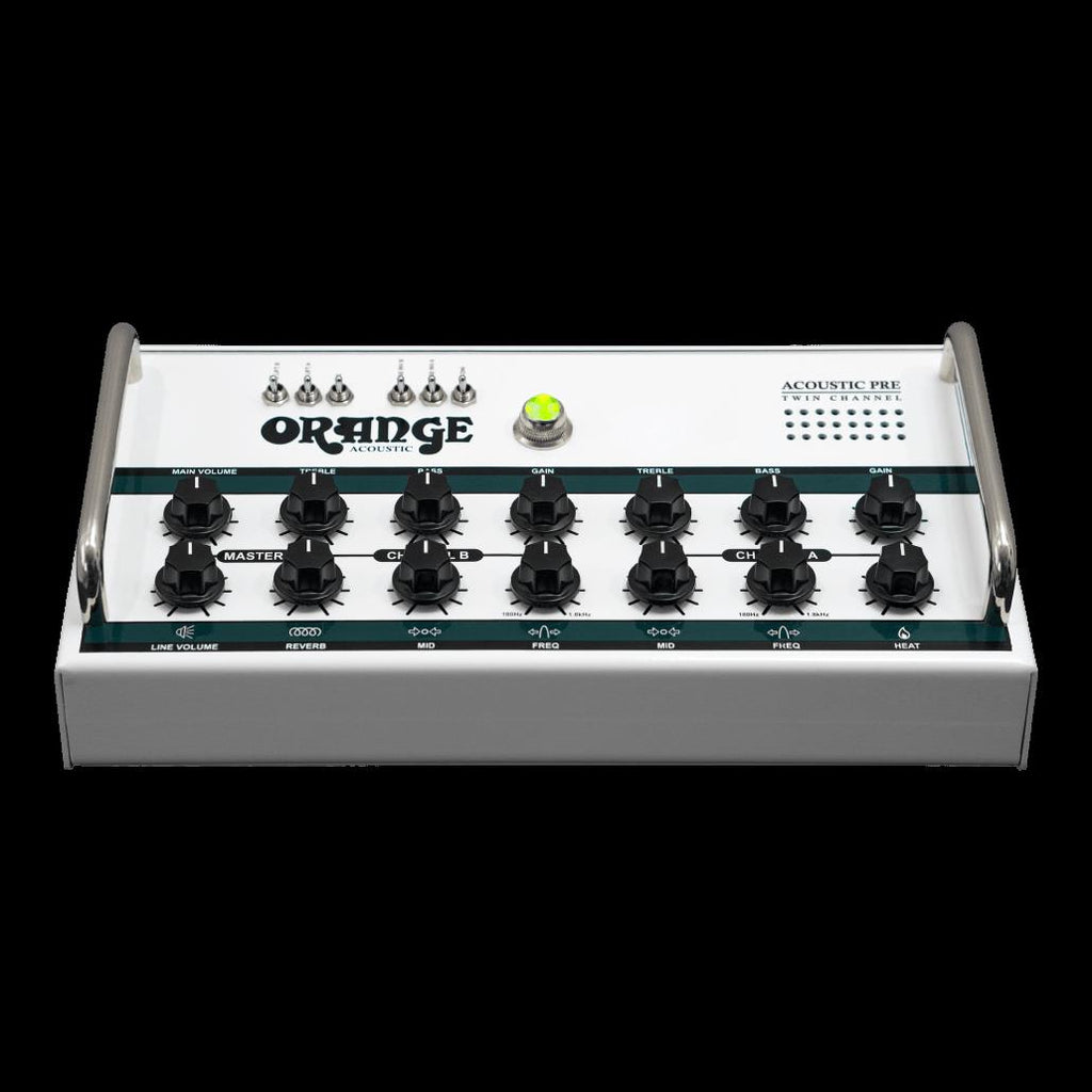 Orange Acoustic Preamp effects pedal, compact guitar preamp with orange finish, featuring control knobs and input/output jacks.
