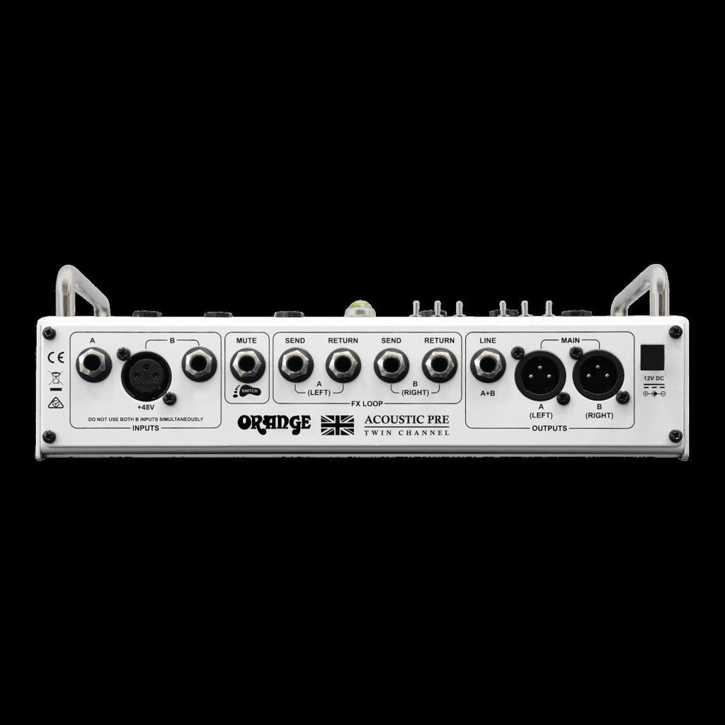 Orange Acoustic Preamp effects pedal with orange casing and control knobs for enhancing acoustic guitar sound.