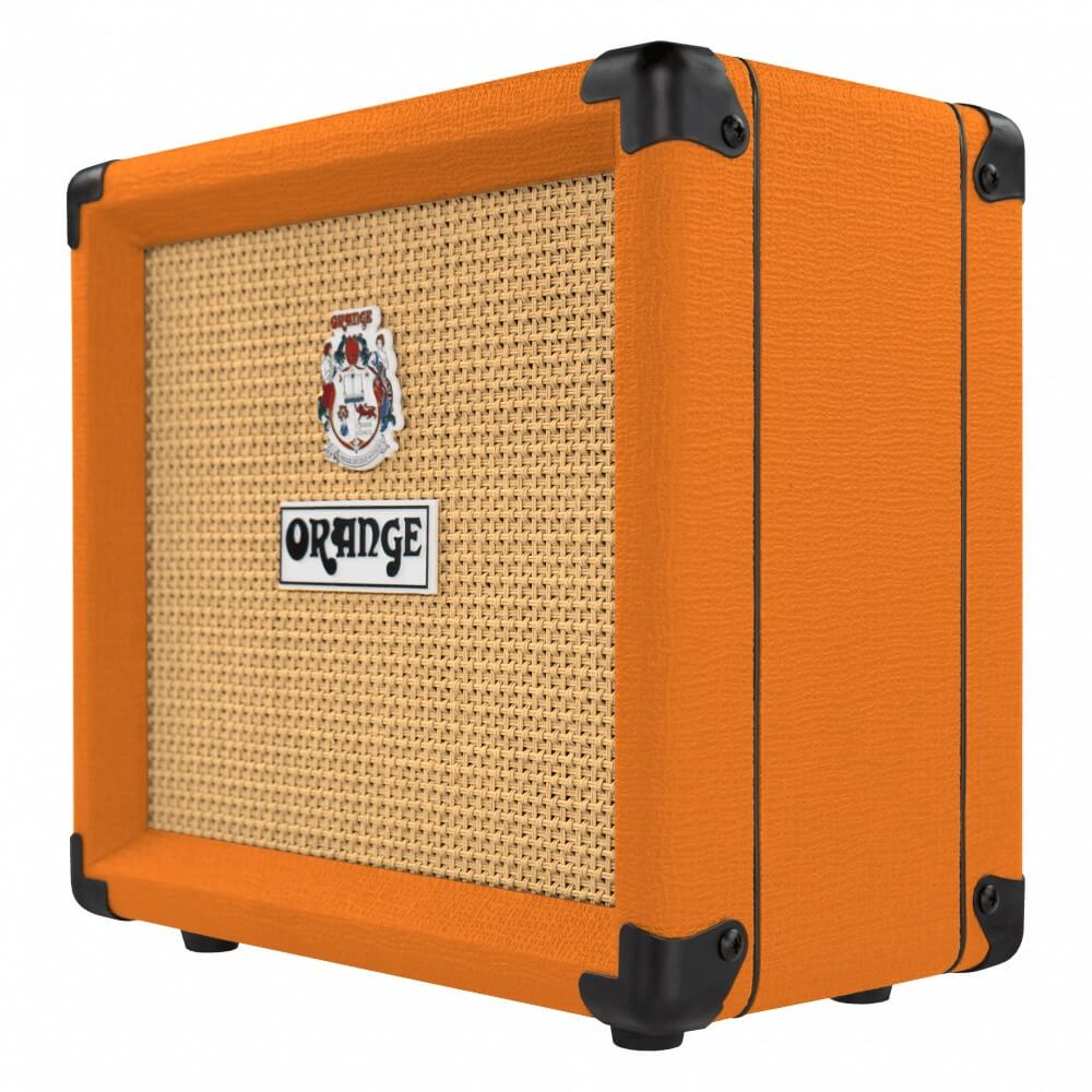 Orange Crush 12W guitar combo amplifier with orange casing, control knobs, and speaker grille, designed for electric guitar sound.