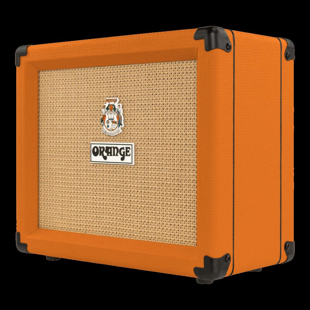 Orange Crush 20 guitar amplifier from Orange, featuring a compact design with control knobs and a vintage orange finish.
