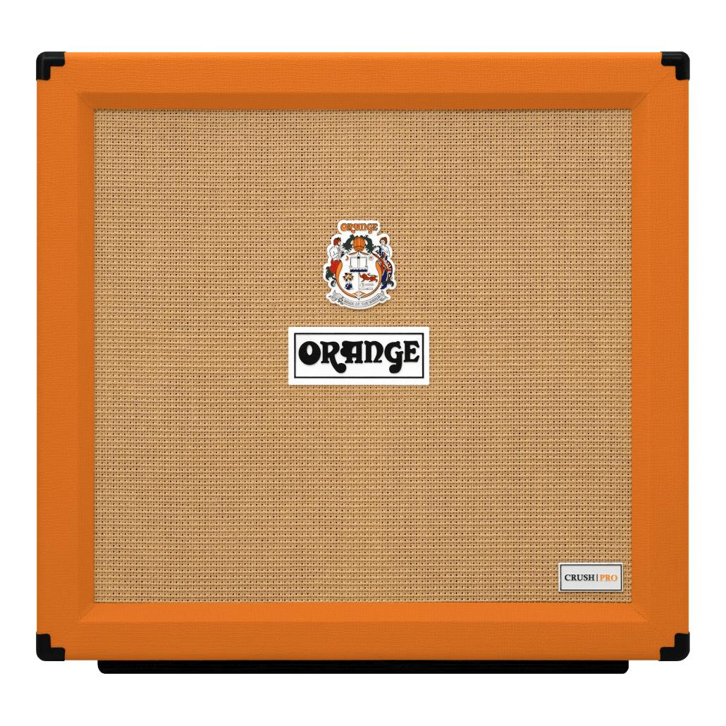 Orange Crush Pro CRPRO412 4x12 guitar amplifier cabinet with orange grille and vintage-style handles, showcasing its sturdy build and speaker setup.