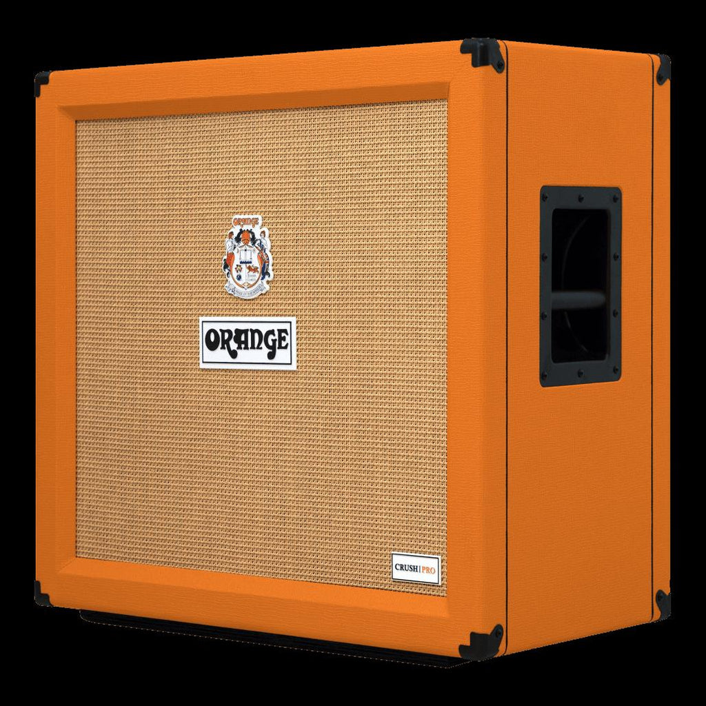Orange Crush Pro CRPRO412 4x12 guitar amplifier cabinet with orange grille and black speaker cloth, featuring multiple input ports and handles.