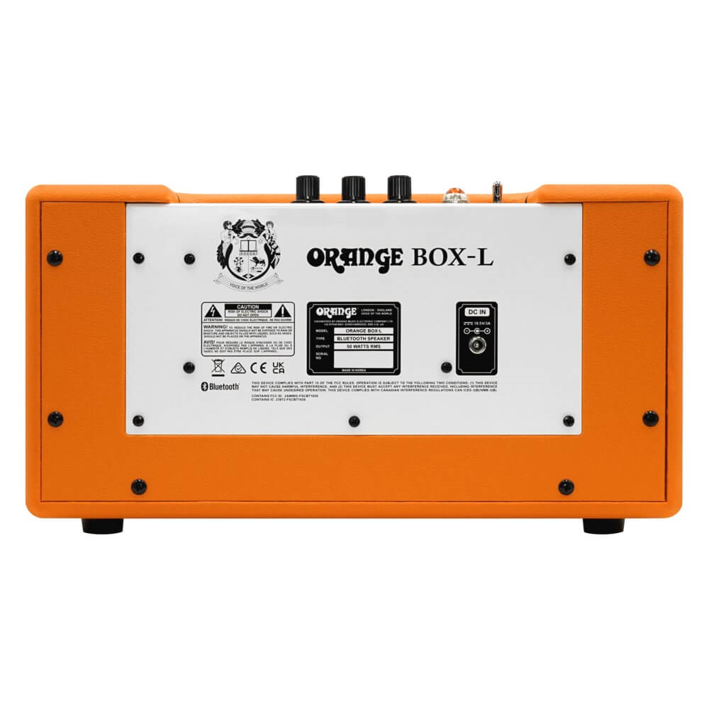 Orange Box-L large portable Bluetooth speaker by ORANGE, powered speaker with orange casing, showing controls and connectivity ports.
