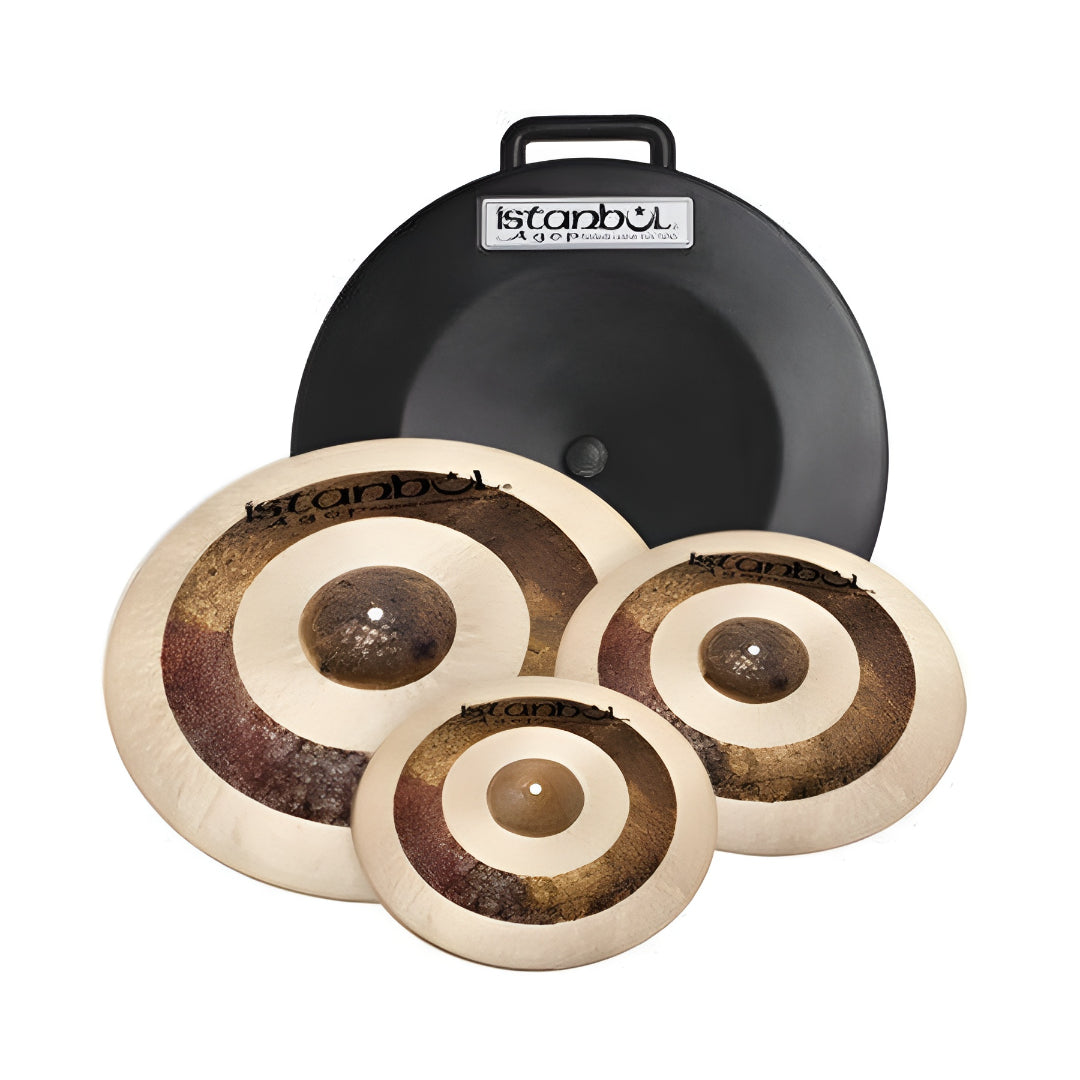 Istanbul Agop Sultan cymbal set with 14, 16, and 20-inch single cymbals and hard case on a drum kit.