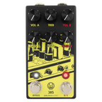 Walrus Audio 385 Overdrive mkII effects pedal in yellow, showing a compact guitar effects pedal with control knobs and input/output jacks.