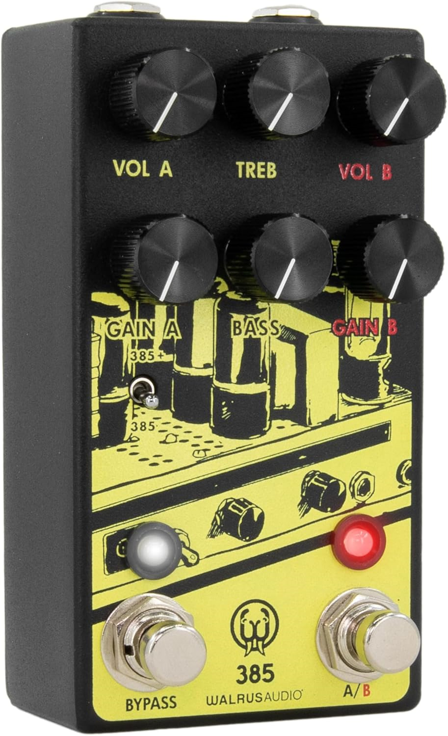 Walrus Audio 385 Overdrive mkII effects pedal in yellow, showing the compact guitar pedal with control knobs and input/output jacks.