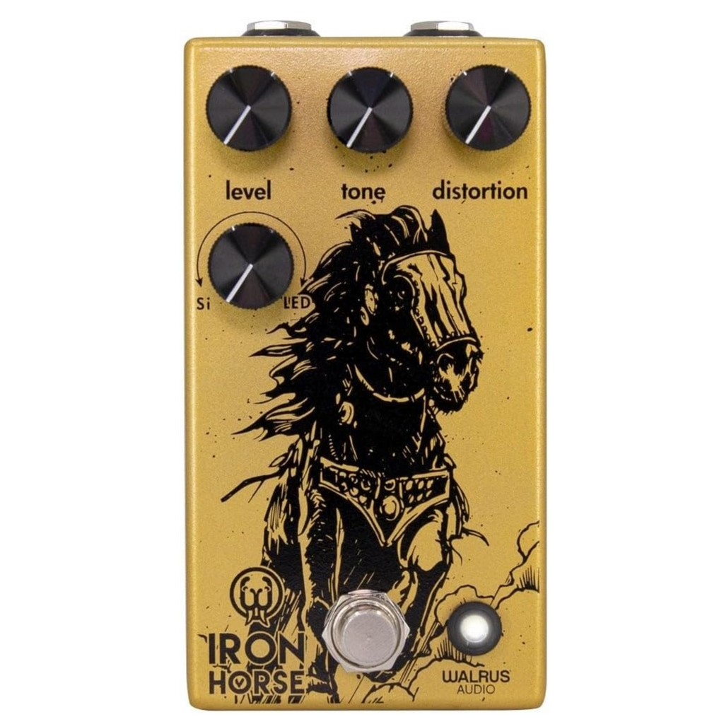 Walrus Audio Iron Horse LM308 Distortion V3 effects pedal with control knobs and input/output jacks, used for guitar signal distortion.