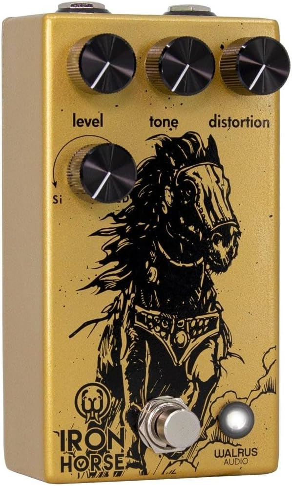 Walrus Audio Iron Horse LM308 V3 distortion effects pedal with control knobs and input/output jacks, black and silver design.