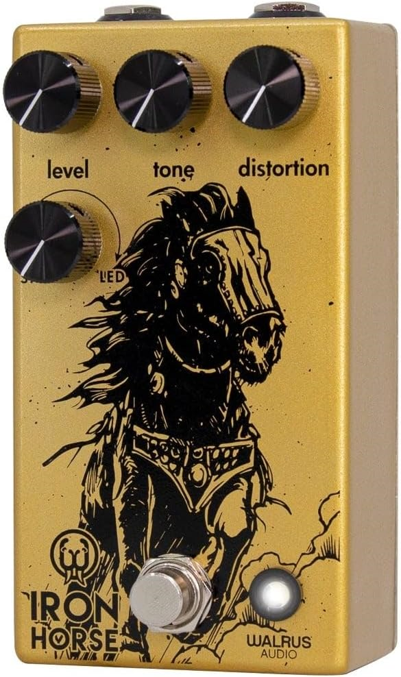 Walrus Audio Iron Horse LM308 Distortion V3 effects pedal with knobs and footswitch, designed for guitar distortion and tone shaping.