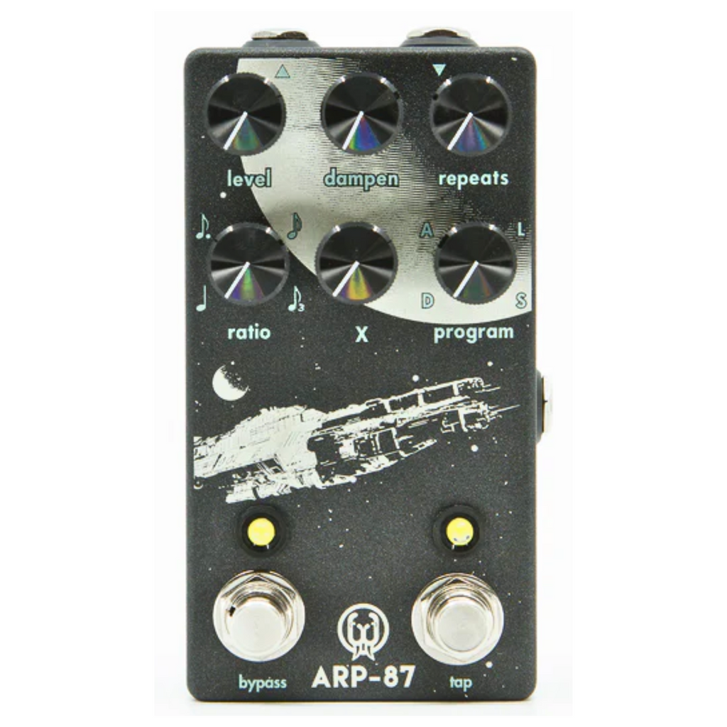 Walrus Audio ARP-87 multi-function delay effects pedal showing knobs, footswitch, and input/output jacks on a pedalboard.