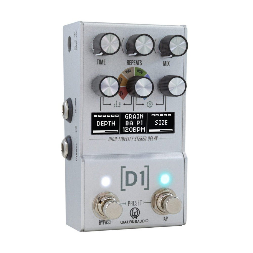 Walrus Audio Mako Series MKII D1 high-fidelity delay effects pedal, showing controls and input/output jacks.