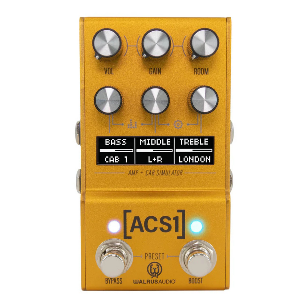Walrus Audio Mako Series MKII ACS1 amp and cab simulator effects pedal, showing controls and input/output jacks on a white background.